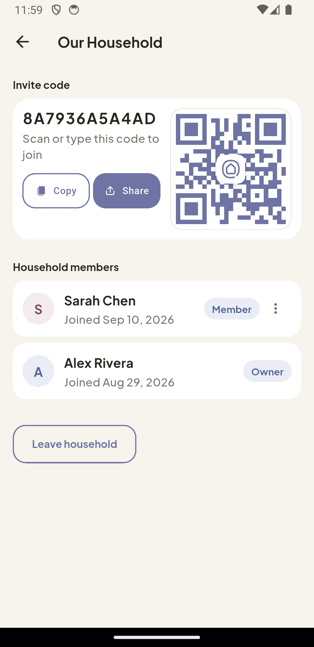 The household members screen, showing the member roster and an invite code with a scannable QR code to join