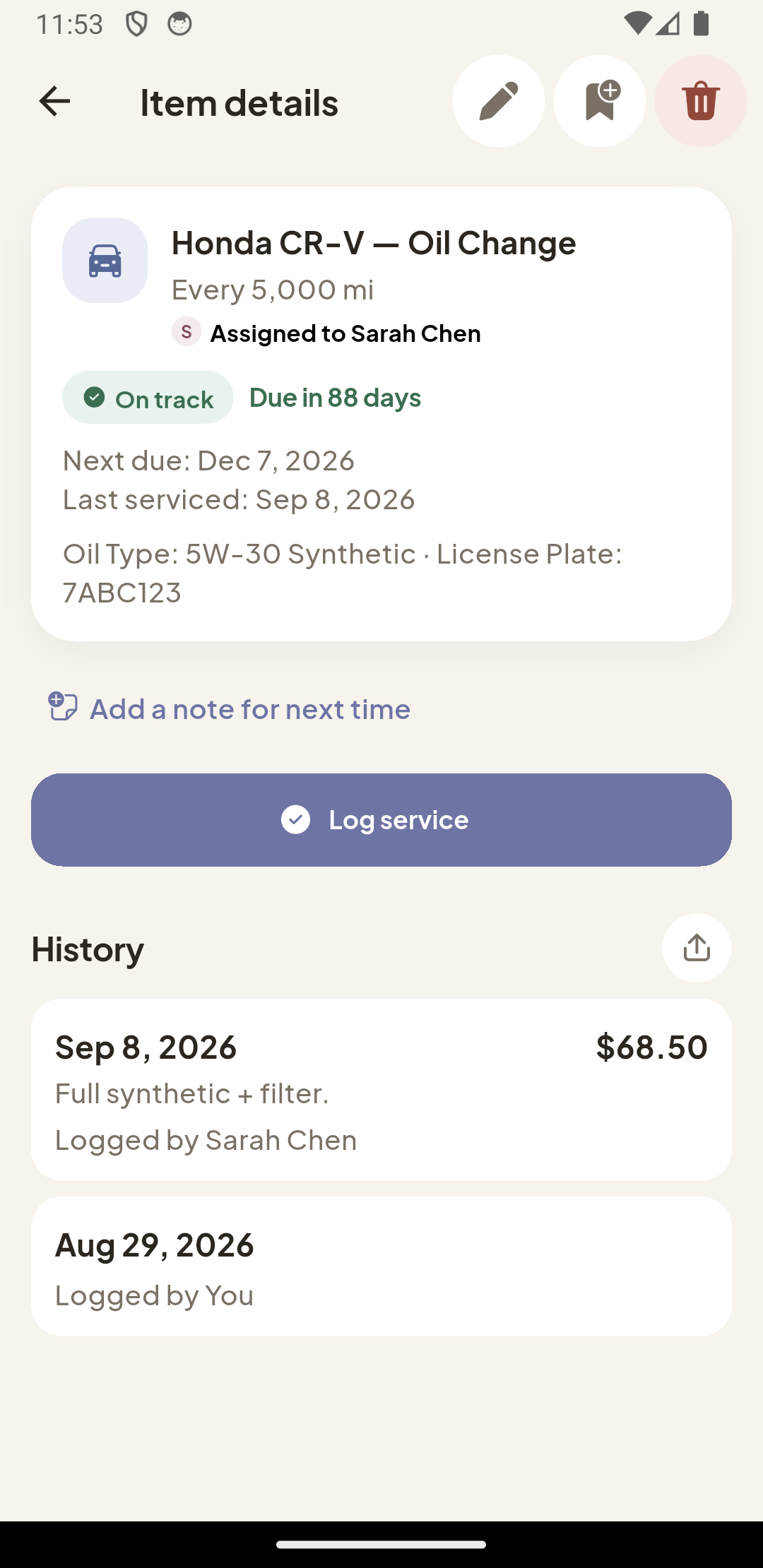 The item detail screen for a Honda CR-V oil change, assigned to a household member, showing its service history with dates, costs, and notes